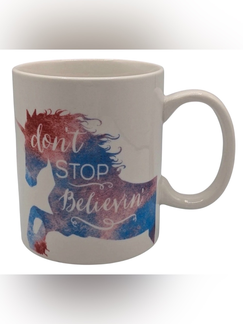 P.  Graham Dunn “Don't Stop Believin'”beautiful Unicorn Ceramic Mug.